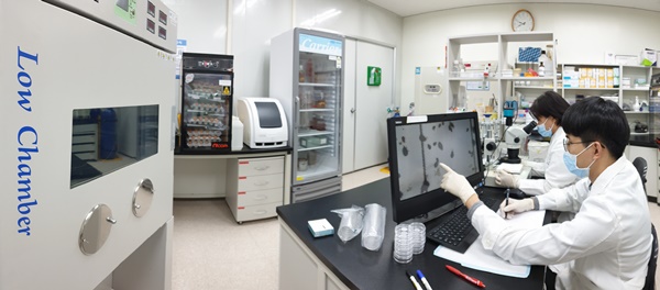 호서대 바이오의과학연구센터 연구원들이 동물용 살충제 효력 in vitro 시험법 개발연구를 하고 있다.